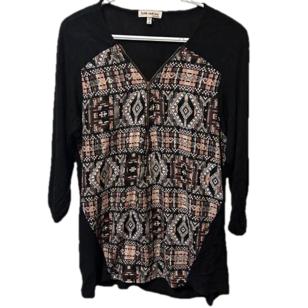 Faith & Joy Adjustable v-neck zip front tunic. Pretty pinkish pattern